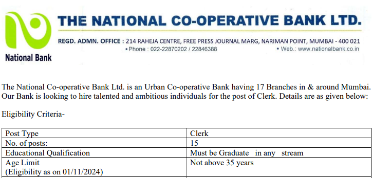 National Co-Operative Bank Clerk Recruitment 2024